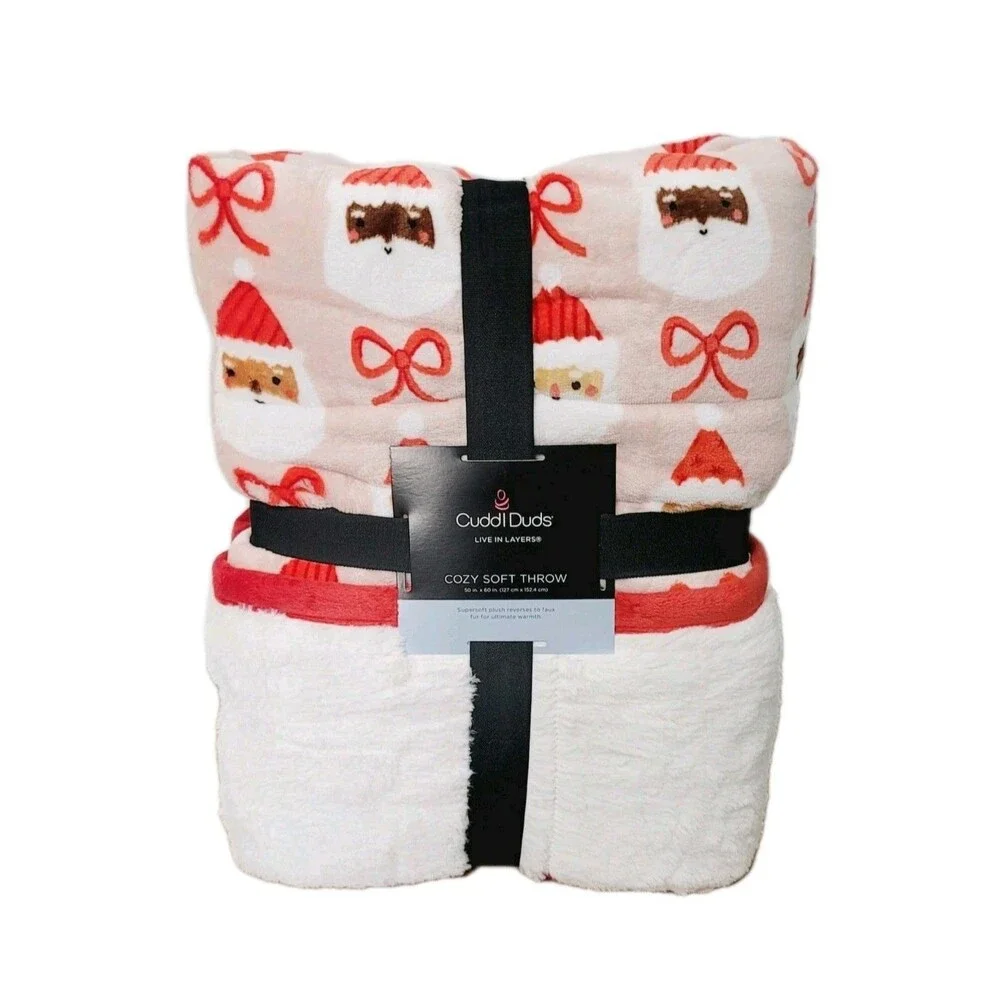 Cuddl Duds Super Soft Christmas Santa Reversible Faux Sherpa Throw 50x60